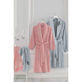 Havlulu Bornoz 4lü Set AÇIK GRİ-PEMBE