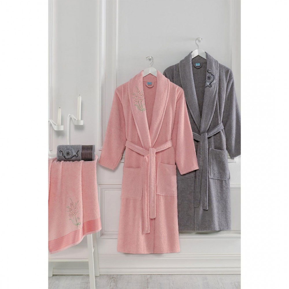 Havlulu Bornoz 4lü Set PEMBE-GRI