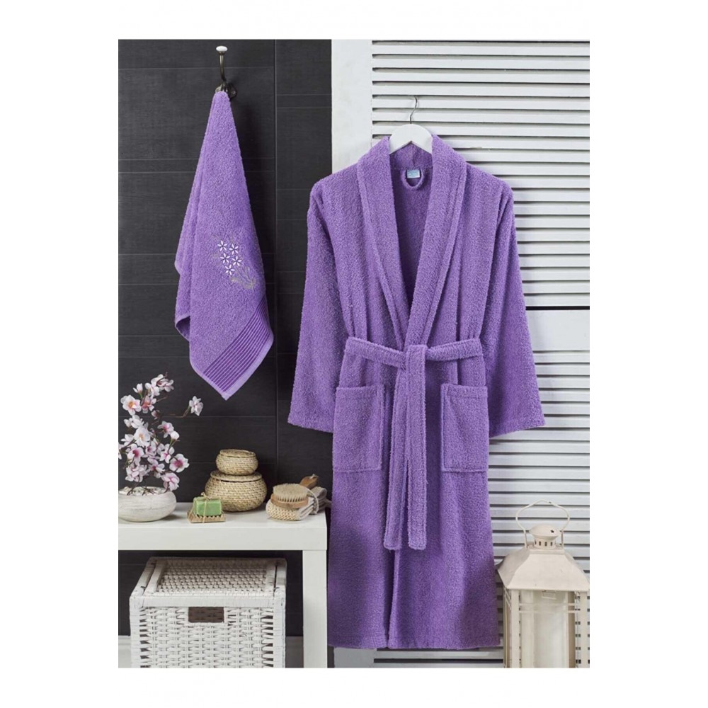 Rebeka Unisex Mor Havlulu Bornoz 2li 