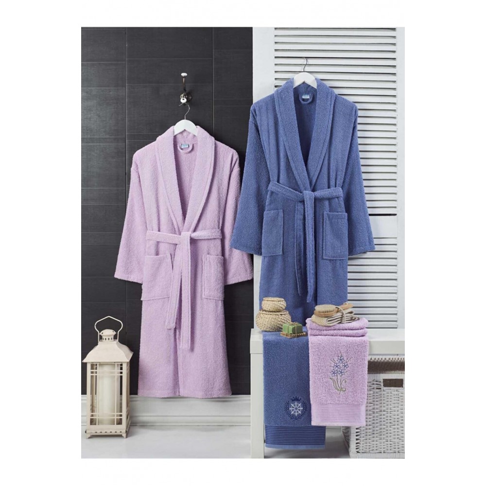 Rebeka Unisex Mor Lacivert Havlulu Bornoz 4lü Set 
