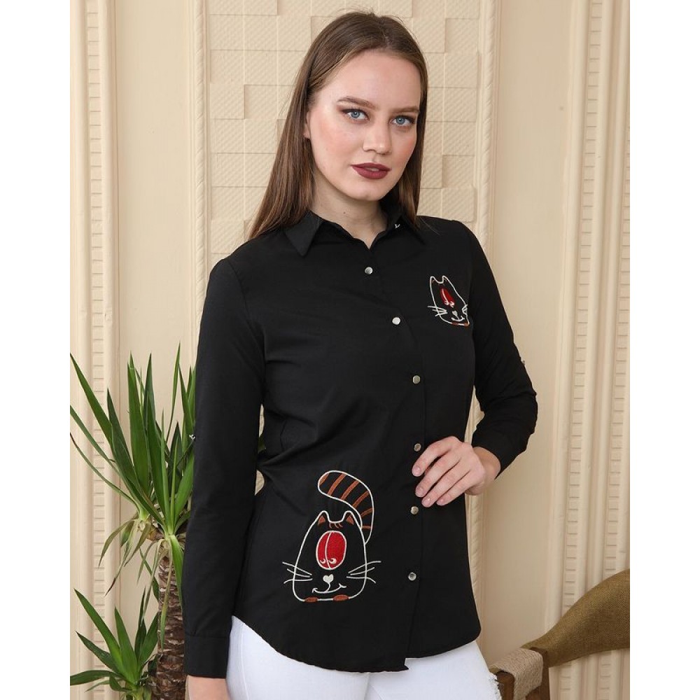 Jesse kadın siyah kedi detay uzun kol gömlek