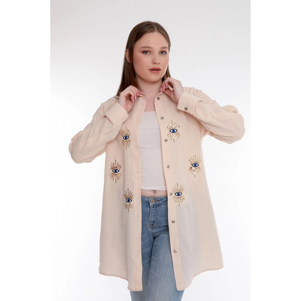 JESSE STORY KADIN BEJ RENK MAVİ NAZAR BONCUK NAKIŞLI GÖMLEK ELBİSE TUNİK