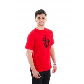 RAZIEL OVERSIZE UNISEX ÇİVİLİ İŞARET BASKILI KIRMIZI T-SHIRT