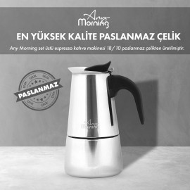 Any Morning 300 ml Paslanmaz Çelik Moka Pot, İndüksiyon Uyumlu Gümüş Rengi FE001-6