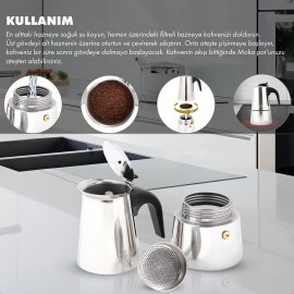 Any Morning 300 ml Paslanmaz Çelik Moka Pot, İndüksiyon Uyumlu Gümüş Rengi FE001-6