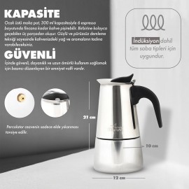 Any Morning 300 ml Paslanmaz Çelik Moka Pot, İndüksiyon Uyumlu Gümüş Rengi FE001-6
