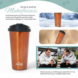 Any Morning 500 ml Paslanmaz Çelik Termos Mug, Çift Katmanlı, Sızdırmaz Kapak, Bakır Rengi SI231902