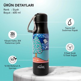 Any Morning 600 ml Paslanmaz Çelik Termos, Çift Duvarlı, Sızdırmaz Kapaklı, Siyah BA21547