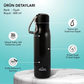 Any Morning 600 ml Paslanmaz Çelik Termos, Çift Katmanlı, Sızdırmaz Kapaklı, Siyah BA21547