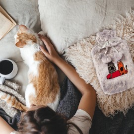 Biggdesign Cats Gri Peluş Sıcak Su Torbası, Yumuşak Kılıf, 2 L, Kedili Tasarım, 20x35, Su Sızdırmaz