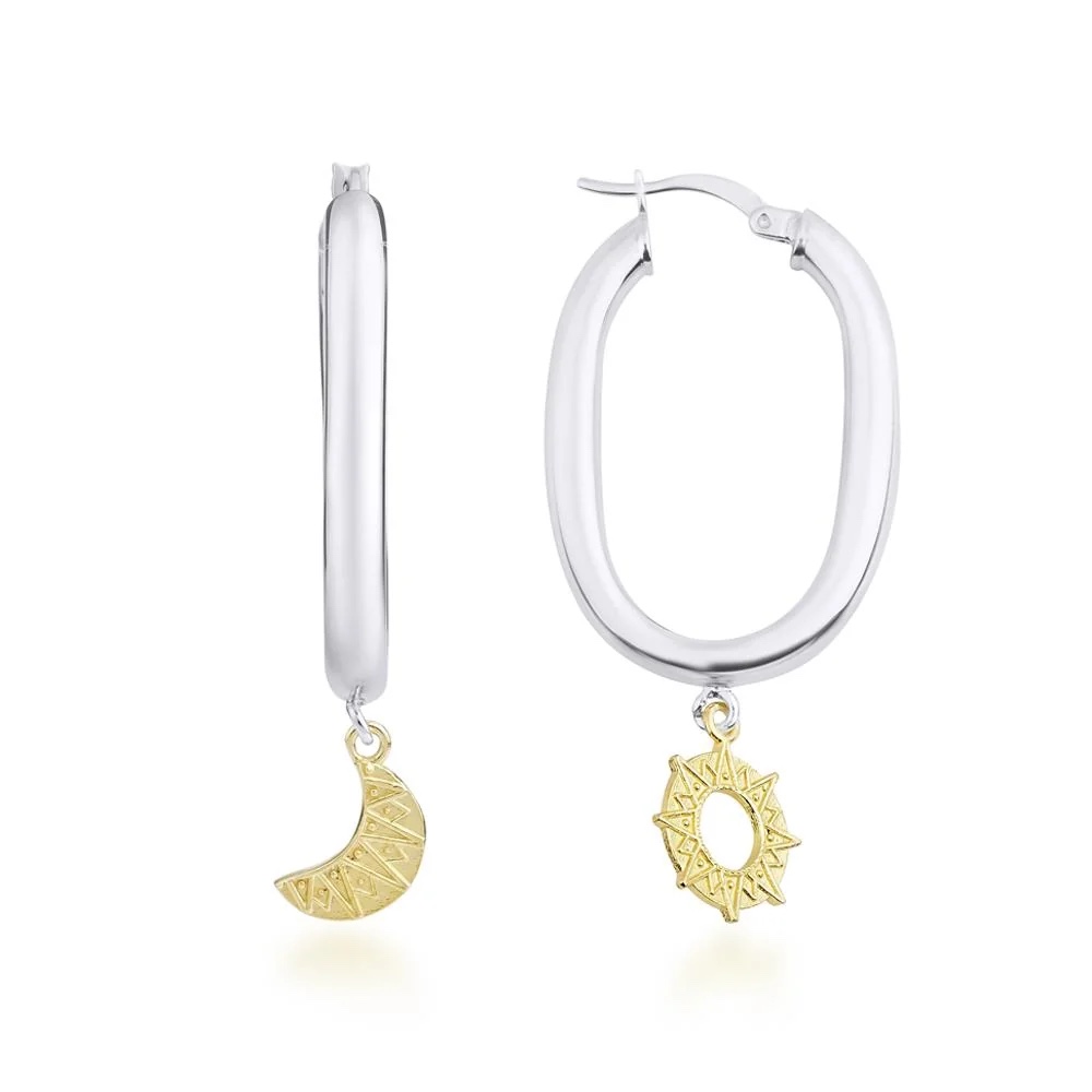 Ay ve Güneş Gümüş Oval Küpe